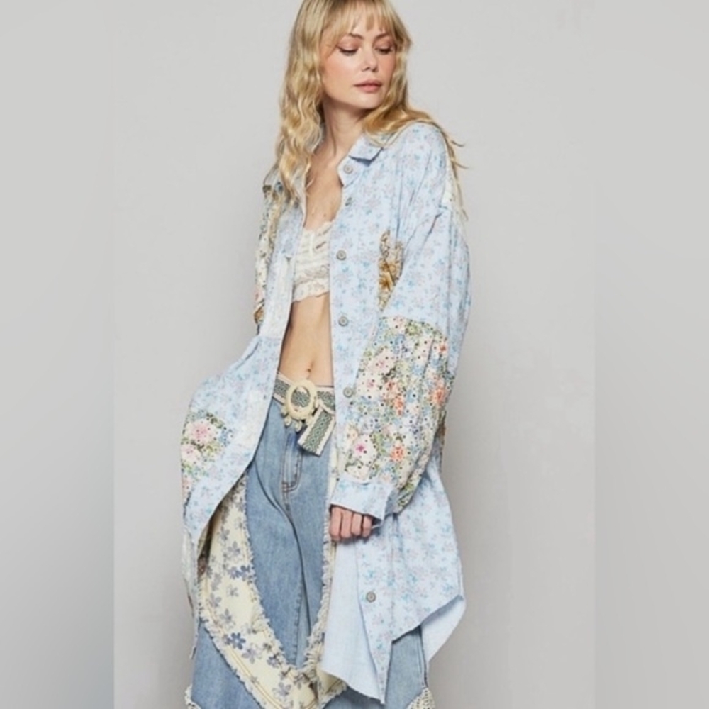 POL Light Blue Floral Patchwork Button-Up Long Ca… - image 1
